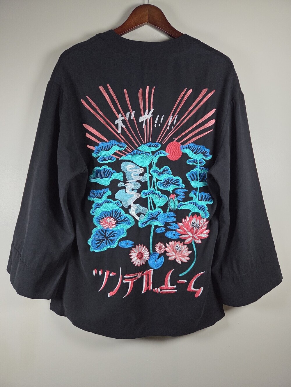 Topshop Embroidered Kimono Jacket Black Asian Graphic Back Print Size US 6 Boho - Picture 5 of 16